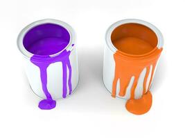 púrpura y naranja pintar goteo desde el lados de pintar latas foto