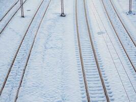 Snow covered empty train tracks in the winter time photo