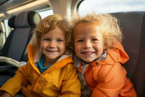 niños disfrutando niño simpático comodidades en trenes foto