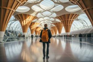 Traveler exploring iconic airport architecture photo