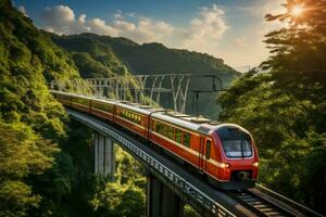 Stunning views of train routes through mountains forests and countryside photo