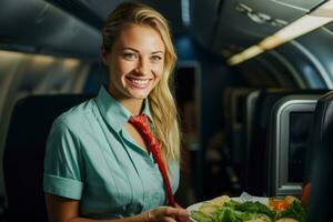vuelo asistente servicio un comida en un avión foto