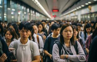 Crowds of commuters at bustling train terminals photo
