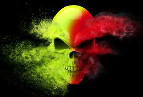 Angry skull exploding into red and green particles photo