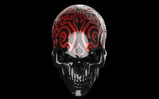 Angry black shiny skull with red ornamental details photo