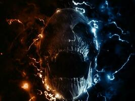 Screaming skull in lighting storm photo