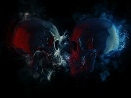 Dark skulls in blue and red lighting - cuts and clouds photo