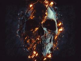 Dark black skull - glowing flames and lava photo