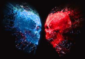 Red and blue skull shattered glowing polygons photo