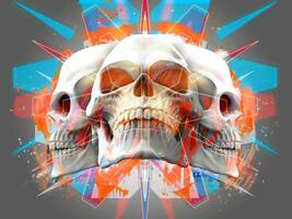 Trippy colorful illustration of three white skulls photo