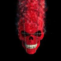 Red demon skull bound with barb wire disintegrating into dust photo