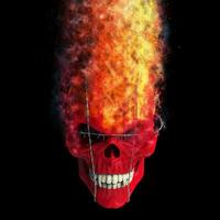 Red demon skull bound with barb wire disintegrating into dust and flames photo