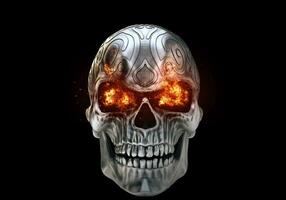 Angry metal demon skull with eyes burning bright photo