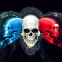 Red, white and blue skulls glowing photo