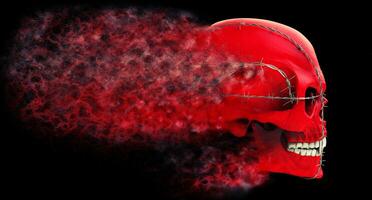 Red demon skull bound with barb wire disintegrating into dust - side view photo