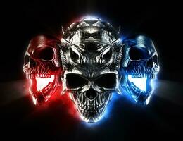 Screaming demon skulls - red, blue and metal photo