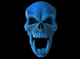 azul enojado demonio cráneo con grande y agudo inferior dientes foto
