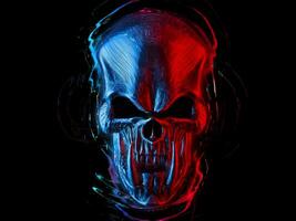 Angry red and blue demon skull with huge lower teeth photo