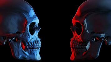 Blue and red dark skulls facing each other photo
