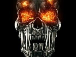 Dark metal demon orc skull with flaming eyes photo