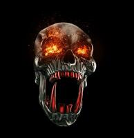 Screaming angry demon skull with flaming eyes and red teeth photo