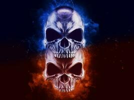 Two angry skulls - blue and orange smoke photo