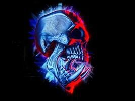 Glowing blue demon skull with huge lower teeth and red glow photo