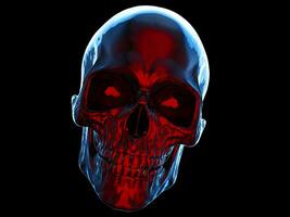 Dark smiling skull with red front lighting with blue backlight photo