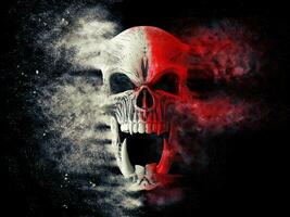 Red and white screaming demon skull disintegrating into dust photo