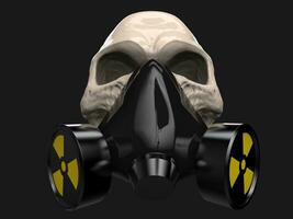 White skull wearing radiation protective mask on photo