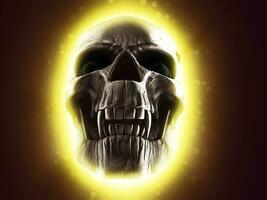 Dark vampire skull with black eyes and glowing light behind it photo