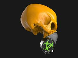 Yellow skull with black biohazard gas mask on - side view photo