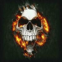 Creepy smiling skull exploding from the metal background - 3D Illustration photo