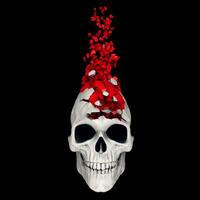 Broken white skull with red pieces floating off photo