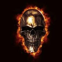 Shiny dark metal skull in flames photo