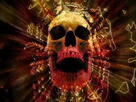 Laughing skull exploding into hundreds neon polygon elements photo