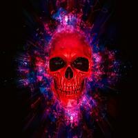 Bright red neon skull - space explosion photo