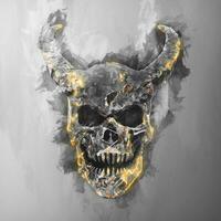 Black and white ink illustration of demon skull with glowing edges photo
