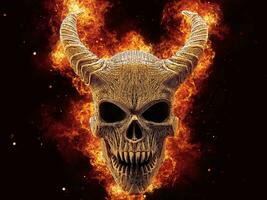 Horned demon skull with huge flames behind it photo