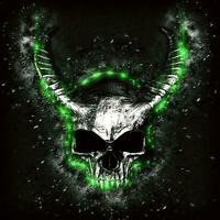 Demon skull bursting through the wall - green glow and debris flying photo