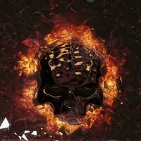 Demon skull in flames in front of broken glass wall photo