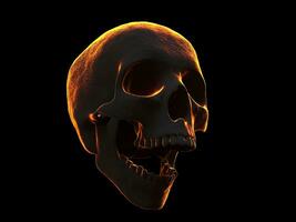 Smiling dark skull with flaming orange rim lighting photo