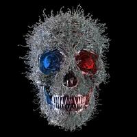 Abstract red and blue skull with silver vines and strands growing out of it photo