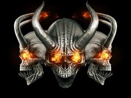 Heavy metal demon skulls with infernal flaming eyes photo