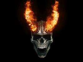 Demon skull with horns on fire - isolated on black background photo