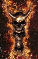 Three horned demon skulls in flames with shattering glass behind photo