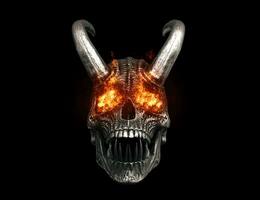 Screaming dark demon skull with sharp teeth and big horns and flaming eyes photo