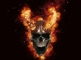 Screaming demon skull with flaming horns and burning fire behind it photo