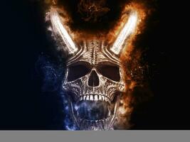 Demon skull with big horns glowing with energy - blue and orange photo