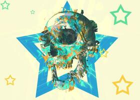 Laughing skull with missing teeth on abstract modern urban background with star decorations photo